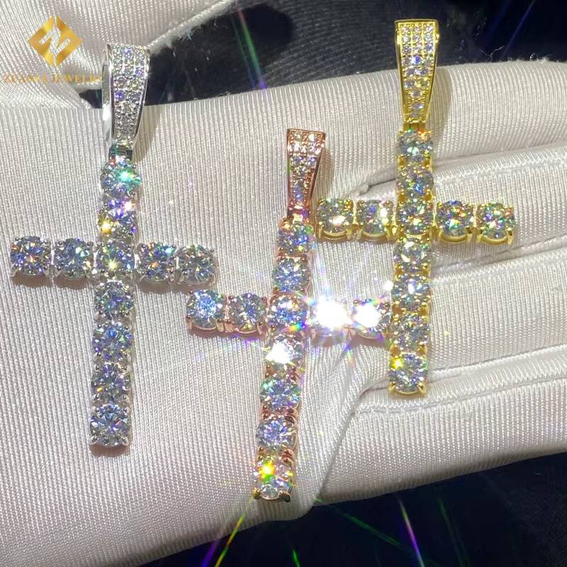 Ice Out Round Brilliant Cut VVS Moissanite Pendant Cross Pendant HipHop 925 Sterling Silver Pendant Pass Diamond Tester with GRA