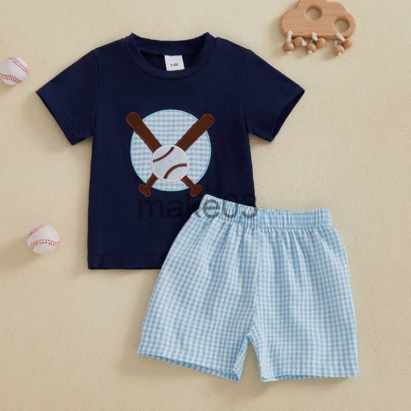 Boys 2-piece set with embroidered baseball T-shirt and checkered shorts elastic waistband short sleeved top J250403