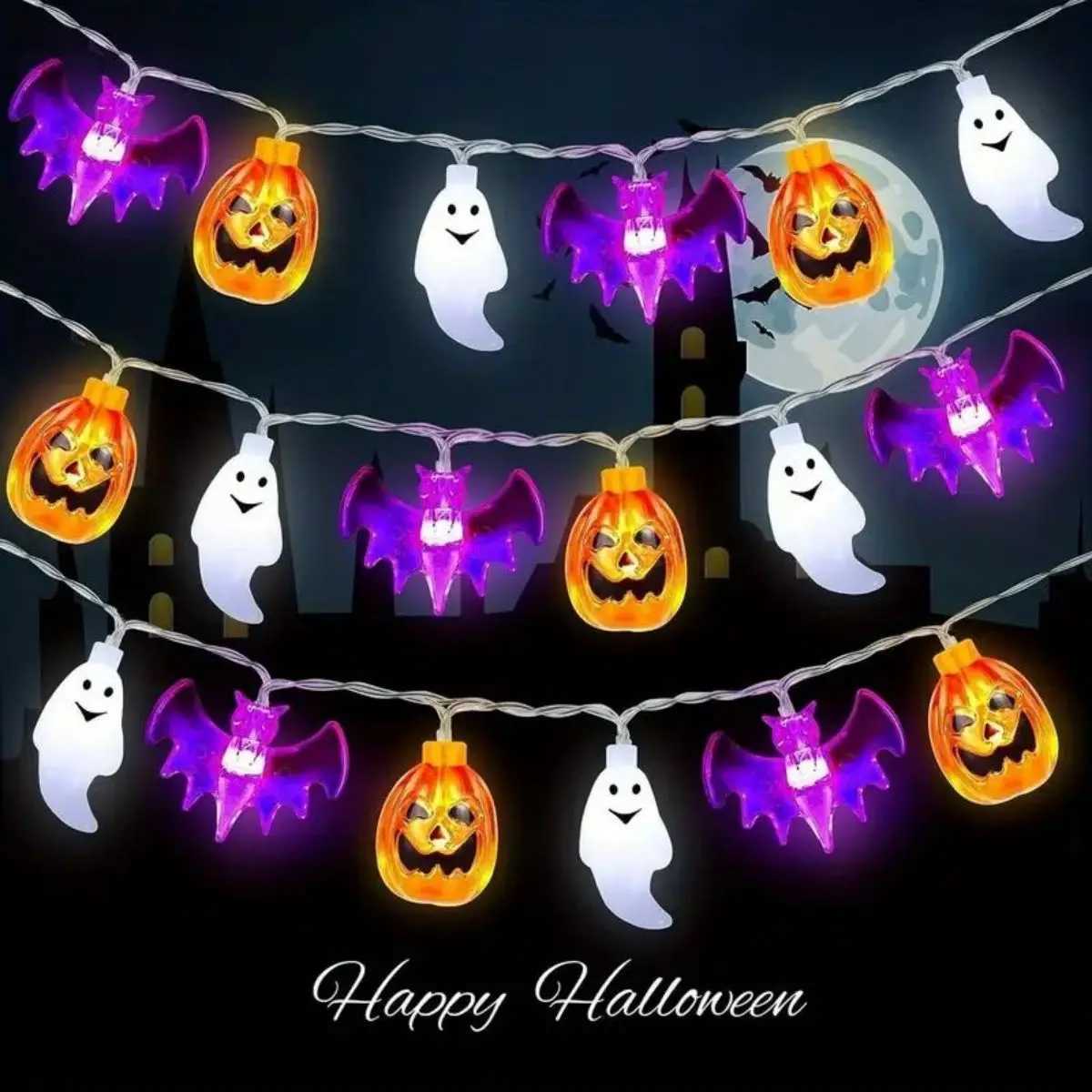 1pc Halloween String Lights Battery Operated 3D Pumpkin Bat Ghost Lights Halloween DecorationBattery Not Included W251107