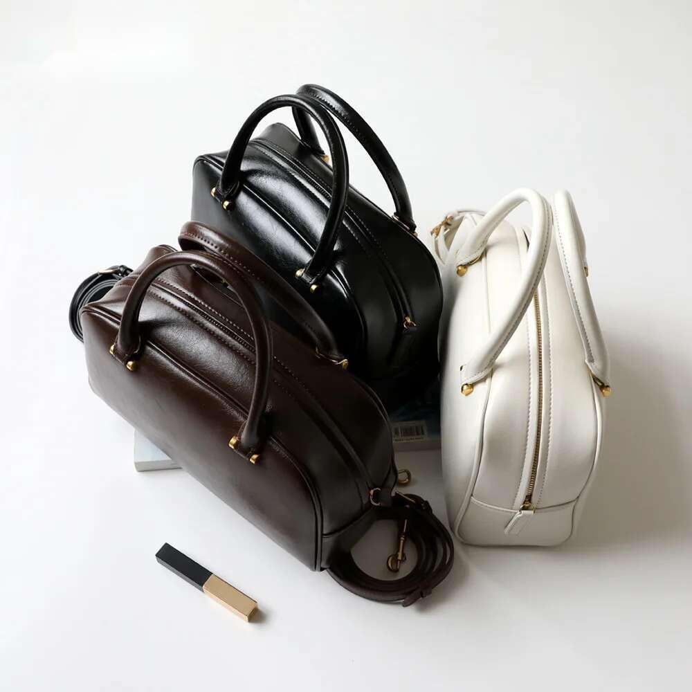 Hot Simple Glossy Not Easily Dirty Coffee Boston Tote Cow Leather Women's Shoulder Bag Retro Commuter Street Lady Handbag