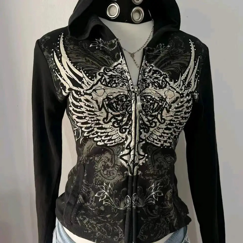Harajuku jacket wing cross print 2000s Gothic hoodie womens street clothing retro punk ultrathin zipper Korean 250403