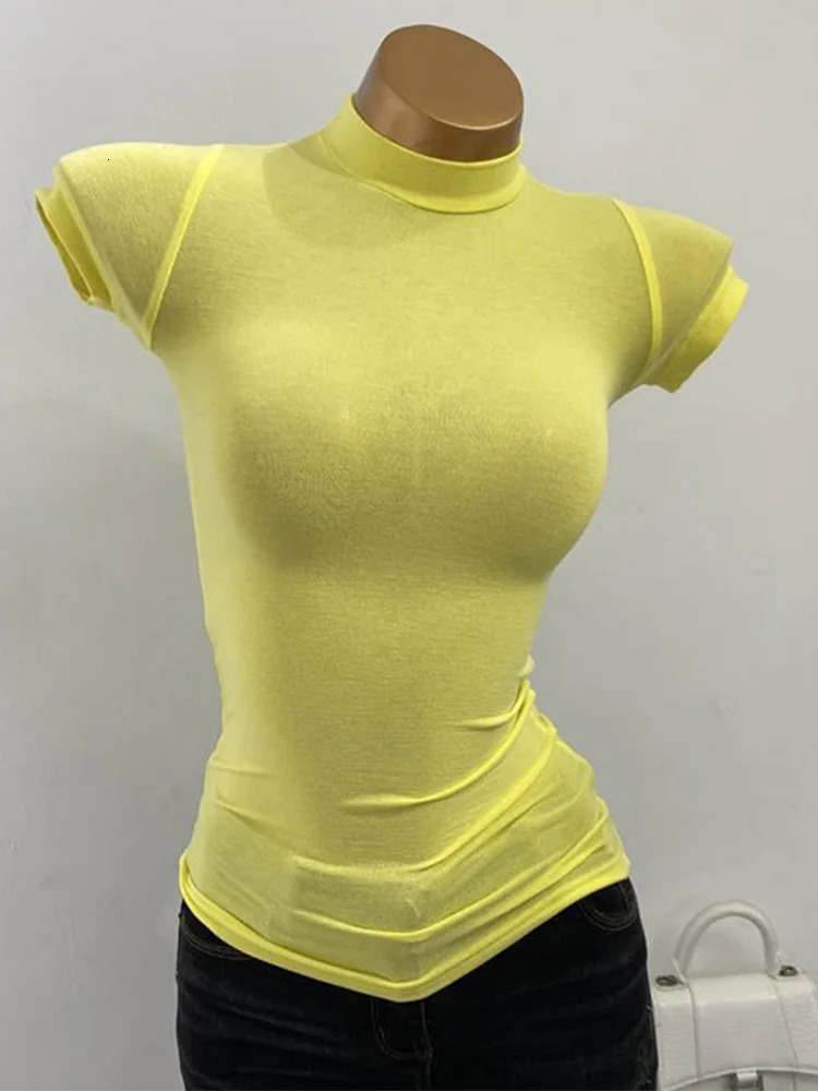 Half high neck Korean transparent short sleeved slim fit elastic solid midsole shirt sexy big chest Tshirt 250407
