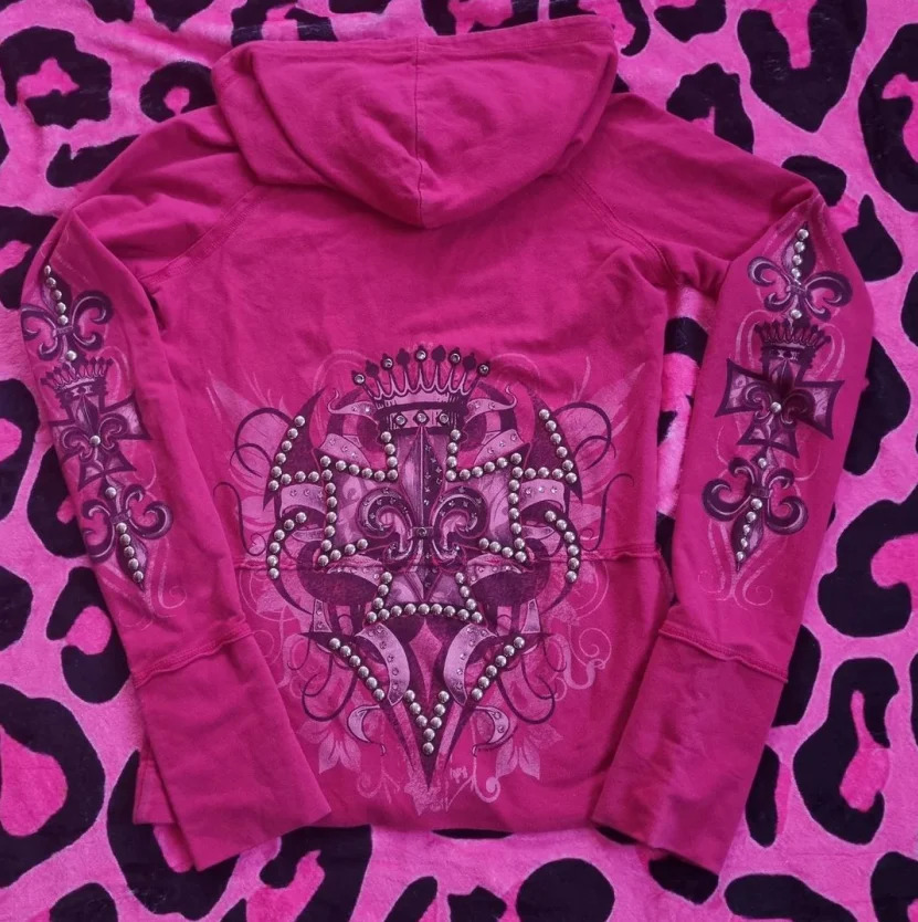 Y2K Fashion Zipper Retro Printed Hoodie Womens Harajuku Street Design Exquisite Diamond American Casual Jacket 250403