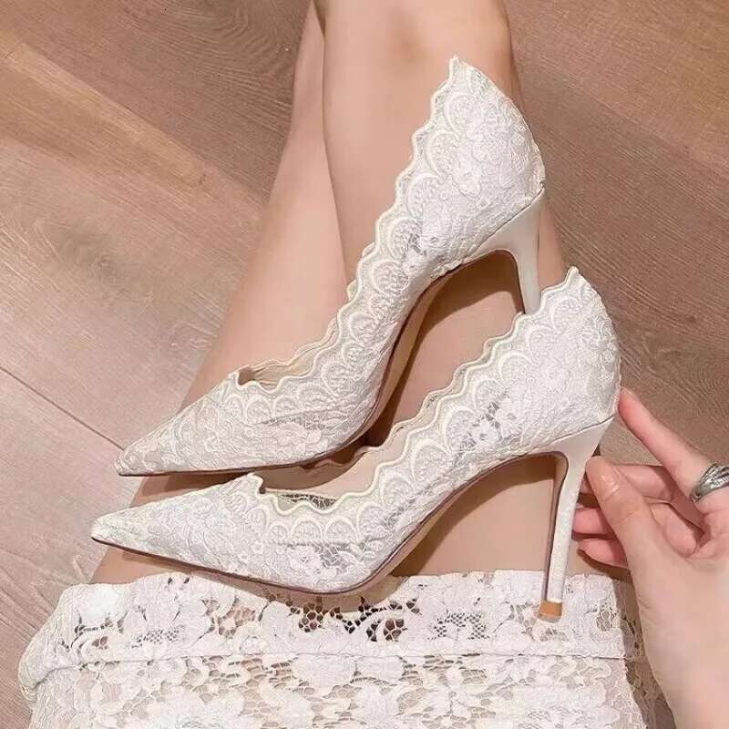 White Wedding Bridal Shoes Design Sense Niche Lace Pointed Stiletto Heel Shallow French High Heels Female Temperament