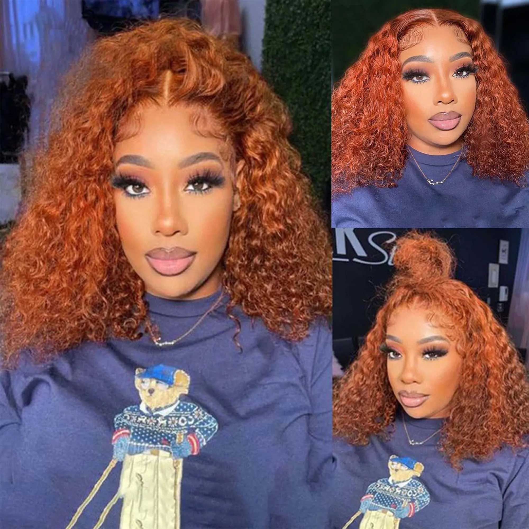 4350 Highlight Color Short Bob Wigs Water Wave 13x4 Lace Frontal Wigs Brazilian Human Hair Deep Curly Wigs Ombre Ginger Color W251107