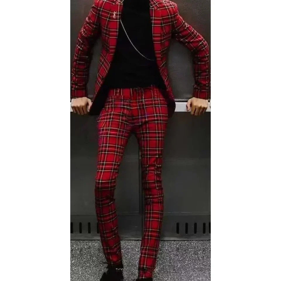 Ultra slim fit mens elegant mens single hole lapel red checkered ball party 2-piece jacket pants mens suit 250402