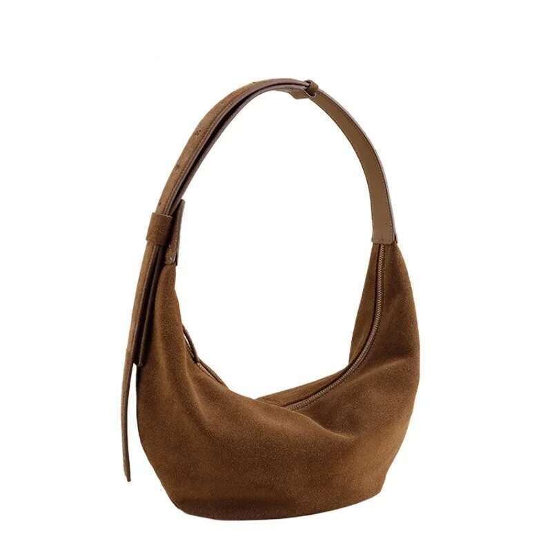 New Autumn Winter Frosted Cowhide Hobo Tote Adjustable Handle Camel Coffee Color Genuine Suede Leather Women Armpit Shoulder Bag