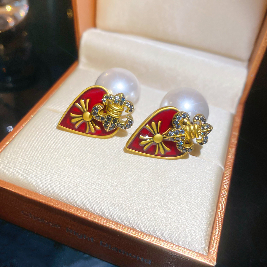 Silver Needle Zircon Cross Heart Pearl Double-Sided European and American Retro Light Luxury High-End Earrings for Women - view 7