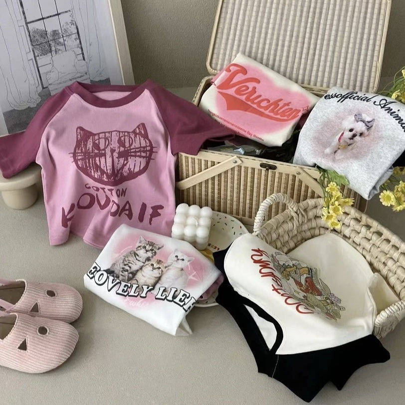 Ddmyshoesvip Buy 1 and send 1 Summer Dress Girls Short Sleeved T Shirt Korean Edition Cute Printed Cartoon Off Shoulder Children S Stylish Versatile T