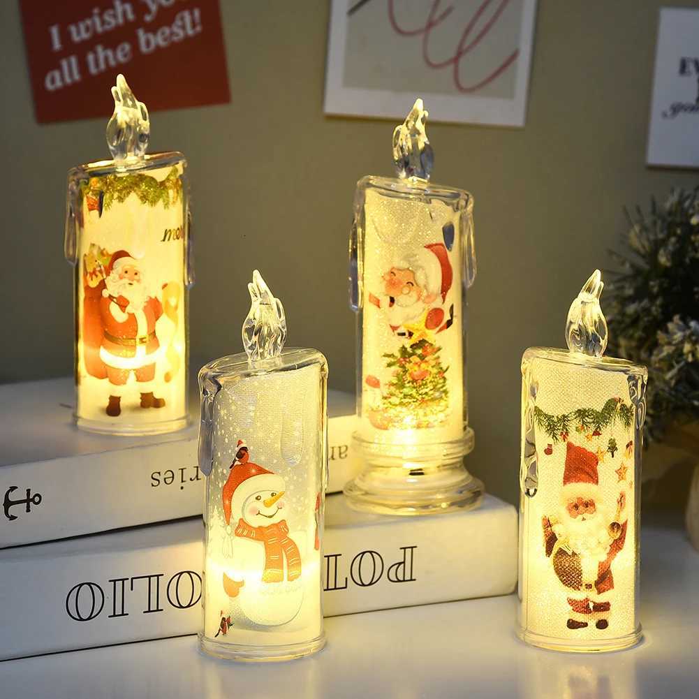 4PCS Electronic Candle Christmas Decoration Transparent With Printed LED Simulation Flameless Candle Ambient Lighting Xmas Gift W251107