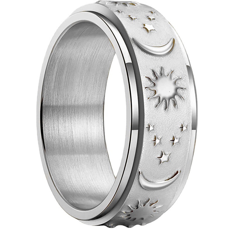 Top Source Star Moon Sun Titanium Steel Ring, Rotating Bohemian Style Stress Relieving Ring Jewelry