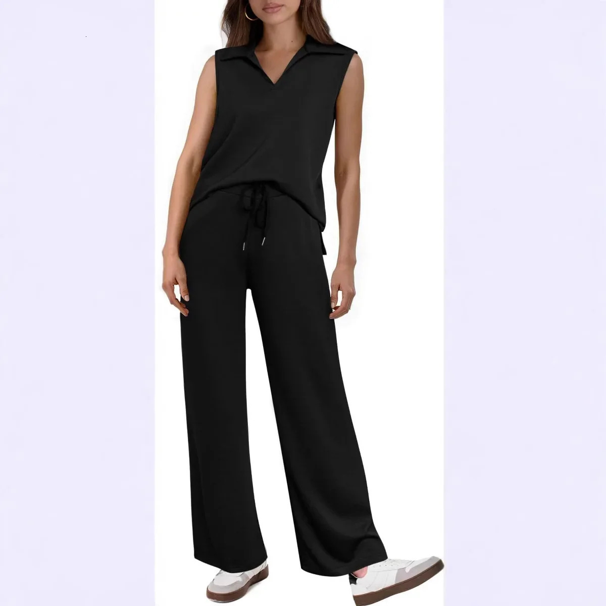 Loose Vneck vest set with drawstring elastic waist mens summer 2piece suitable for womens fashionable clothing 250313