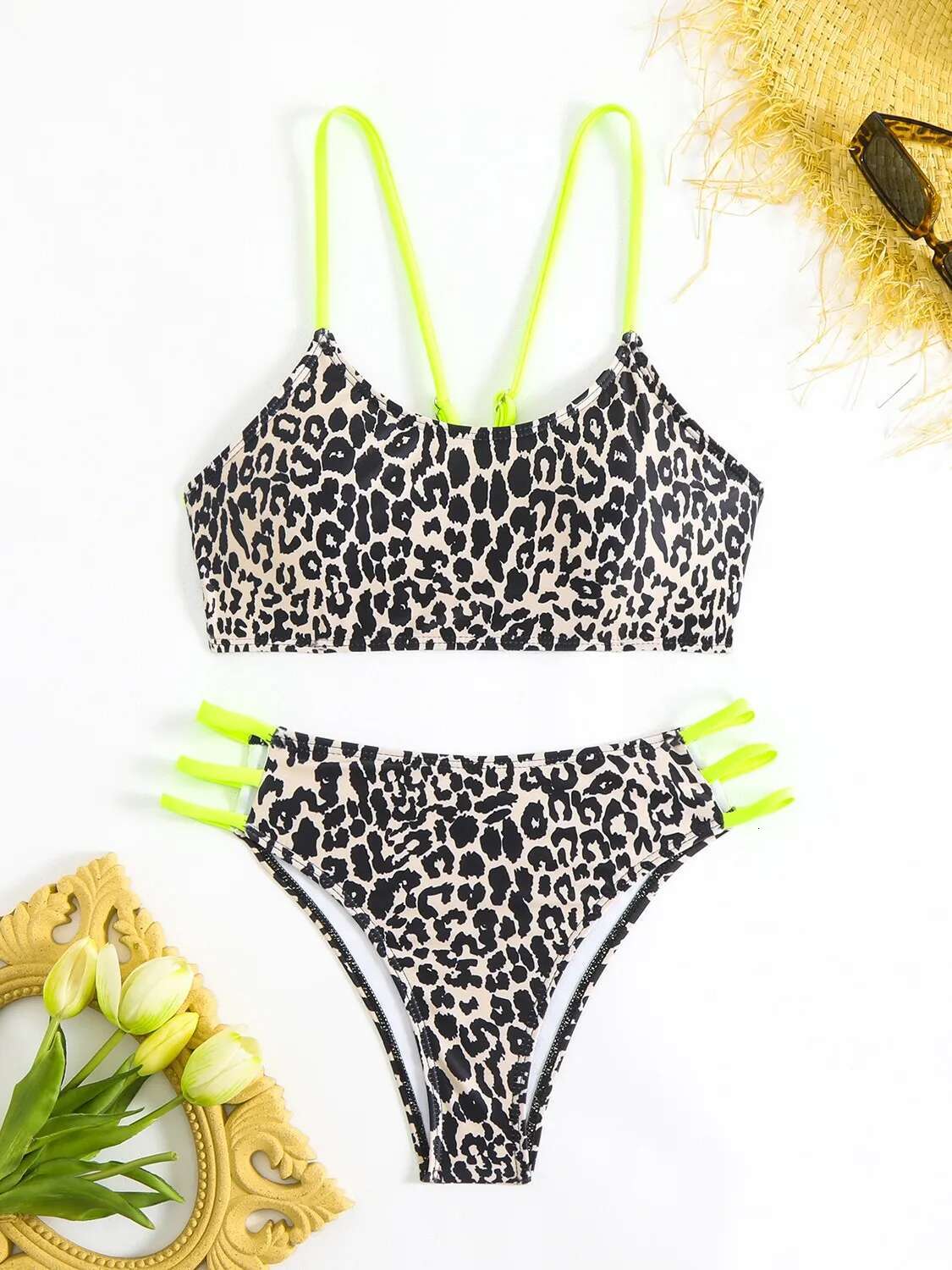 Dongdumaoyi Sexy Hot Pink Leopard Print Patchwork Bikini Set Women Push Up Hollow Out Bandage High Waist Swimsuit Bathing Suit Swimwear