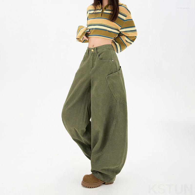 Women's Jeans KSTUN Baggy Green Women Wide Leg Curved Pants Loose Fit Cotton Trousers Vintage Threedimensional Large Pockets Trendy Z260313