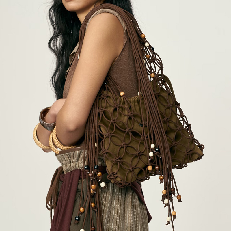 New Solid Color Hand-Held Crossbody Dual-Use Hollow Woven Forest Cotton Rope Mesh Bag, Vacation Beach Bag