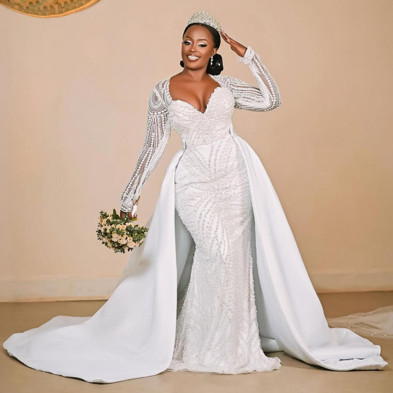 2025 Plus Size Mermaid Wedding Dress For Bride Long Sleeves Detachable Train Sweetheart Long Sleeves Beaded Lace Tiered Tulle Wedding Gowns For Black 