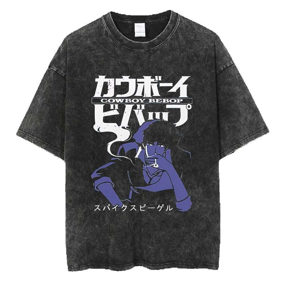 Anime hot denim Bebop pattern printed for men and women classic street Haruku men's top washed cotton cartoon T-shirt