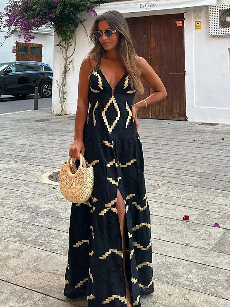 Fashionable geometric print womens long sling dress sexy backless sleeveless vacation long dress womens chic beach party dress 250401