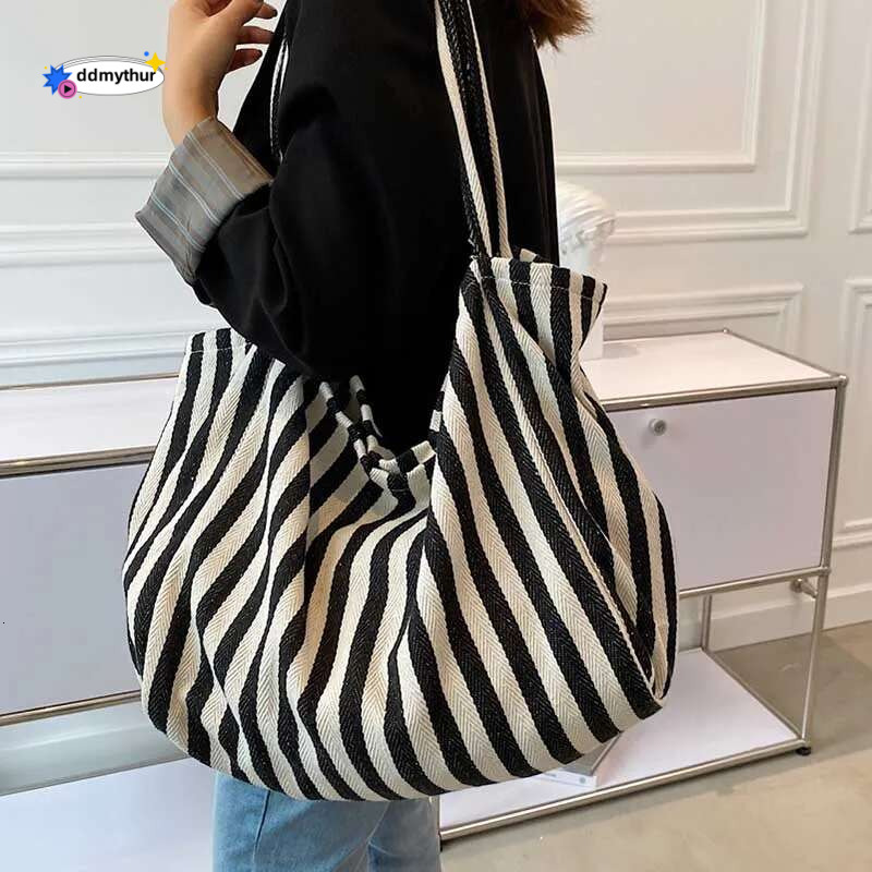 Women's Tote Striped Canvas Casual Handbags For Women Simple Shopping Large Capacity Woman Shopper School Shoulder Bag ddmythur