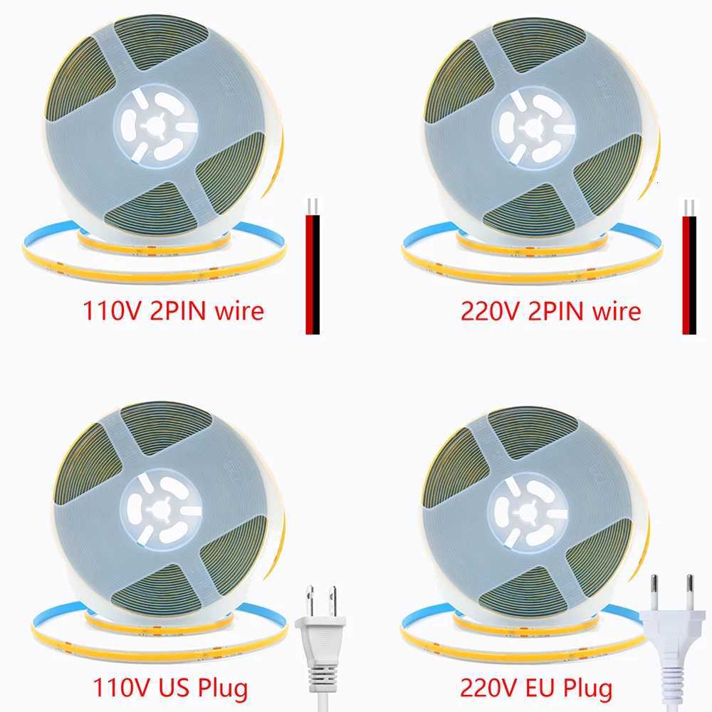 5M 10M 15M 20M 110V 220V COB LED Strip Light Super Bright 240LEDs/M 2PIN Wire Tape Flex Ribbon EU US Plug Room Lighting 8MM PCB W251107