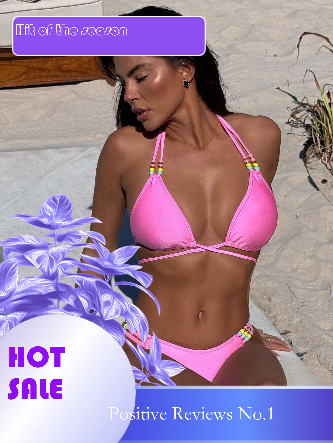 Dongdumaoyi Pink Colorful Bead Bikini Set Women Sexy Push Up Bandage Cross Hollow Out High Waist Swimsuit Beach Bathing Suit Swimwear