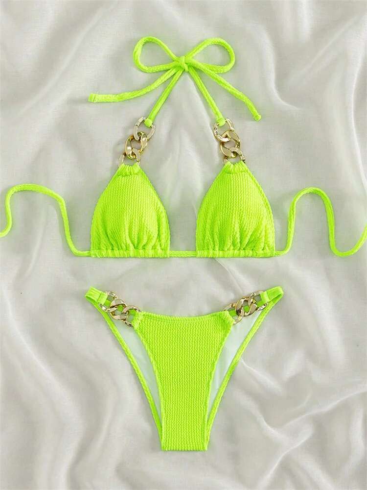 Dongdumaoyi Sexy Neon Green Piece Bikini Set Women Halter Metal Stap Push Up Swimsuit Summer Lace Beach Bathing Suit Thong Swimwear