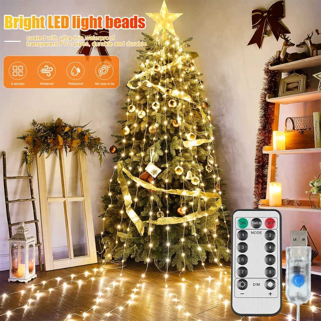 200/280 LED Star Waterfall Lights With 8 Modes USB Powered Remote Control Camping Light Indoor Outdoor Christmas String Lights W251107