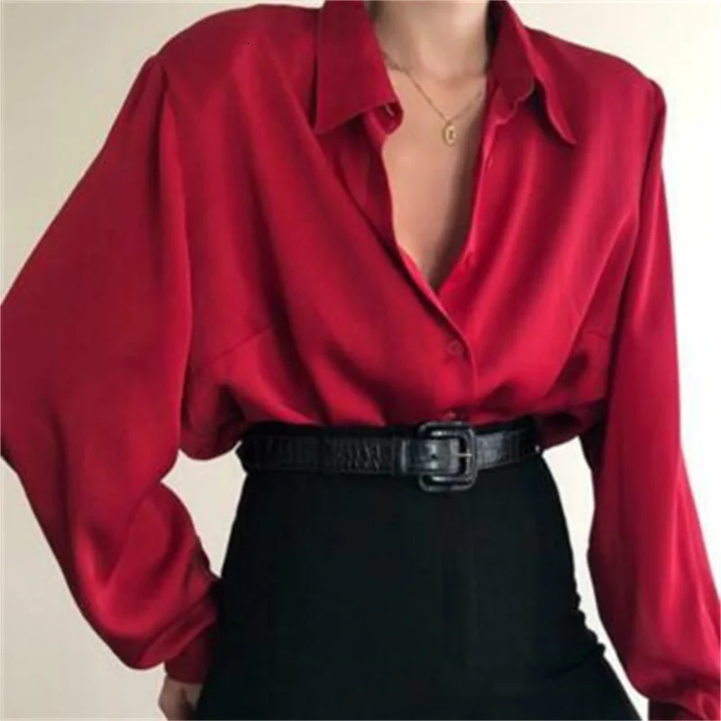Womens comfortable satin button up shirt lapel shirt office womens long sleeved casual autumn shirt loose OL shirt pocket top 250402