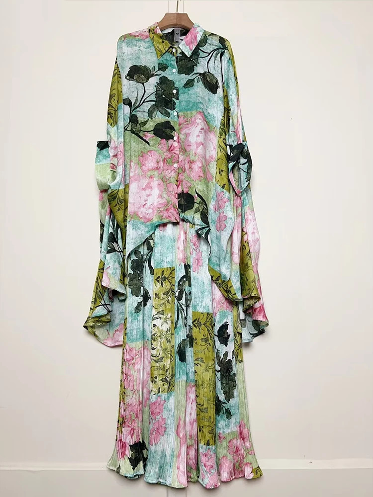 Retro geometric print loose irregular shirt twopiece set summer womens clothingpleated wide leg pants fashion 250407