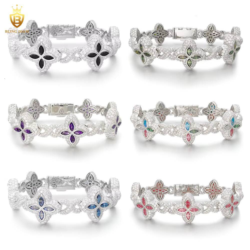 19mm Multiple Options Marquise Cut Flower New Design Colorful 925 Sliver Moissanite Clover Iced Out Bracelet