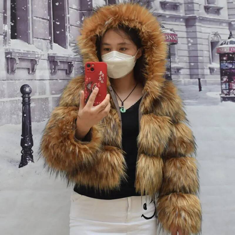 HOOOFUR Faux Women's Jacket Winter Fashion Warm Thick Fox Raccoon Leather Brown Plus Size Especially Fake Fur Cold Coat