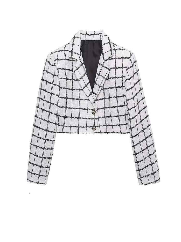 Women Black Plaid Texture Knitted Short Blazer Autumn Winter White Coat