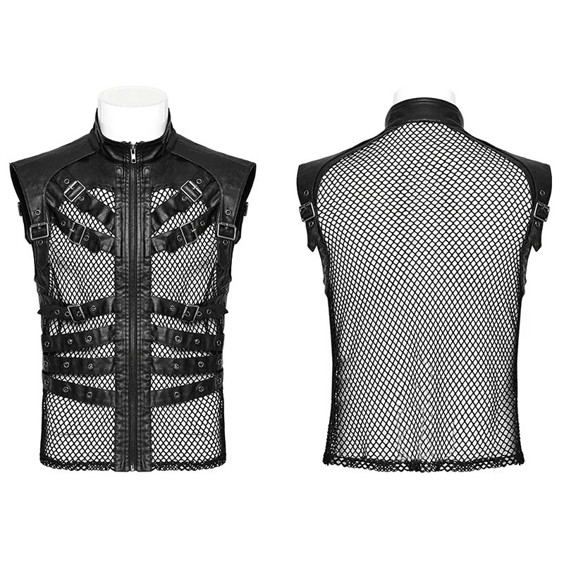 PUNK RAVE Mens Punk Personalized Mesh Handsome Hollow Tank Top Daily Unlimited Sexy Cool Black Top Mens Summer Clothing 250403