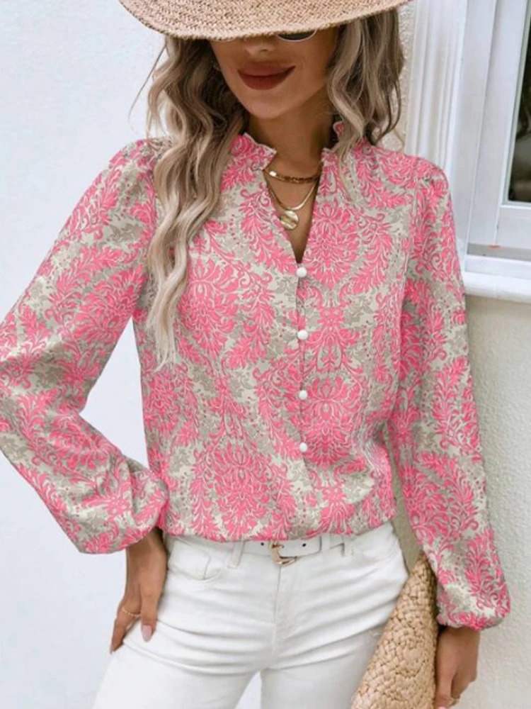Womens long sleeved Vneck embossed pleated lantern sleeves fully printed buttons for summer and autumn 250407