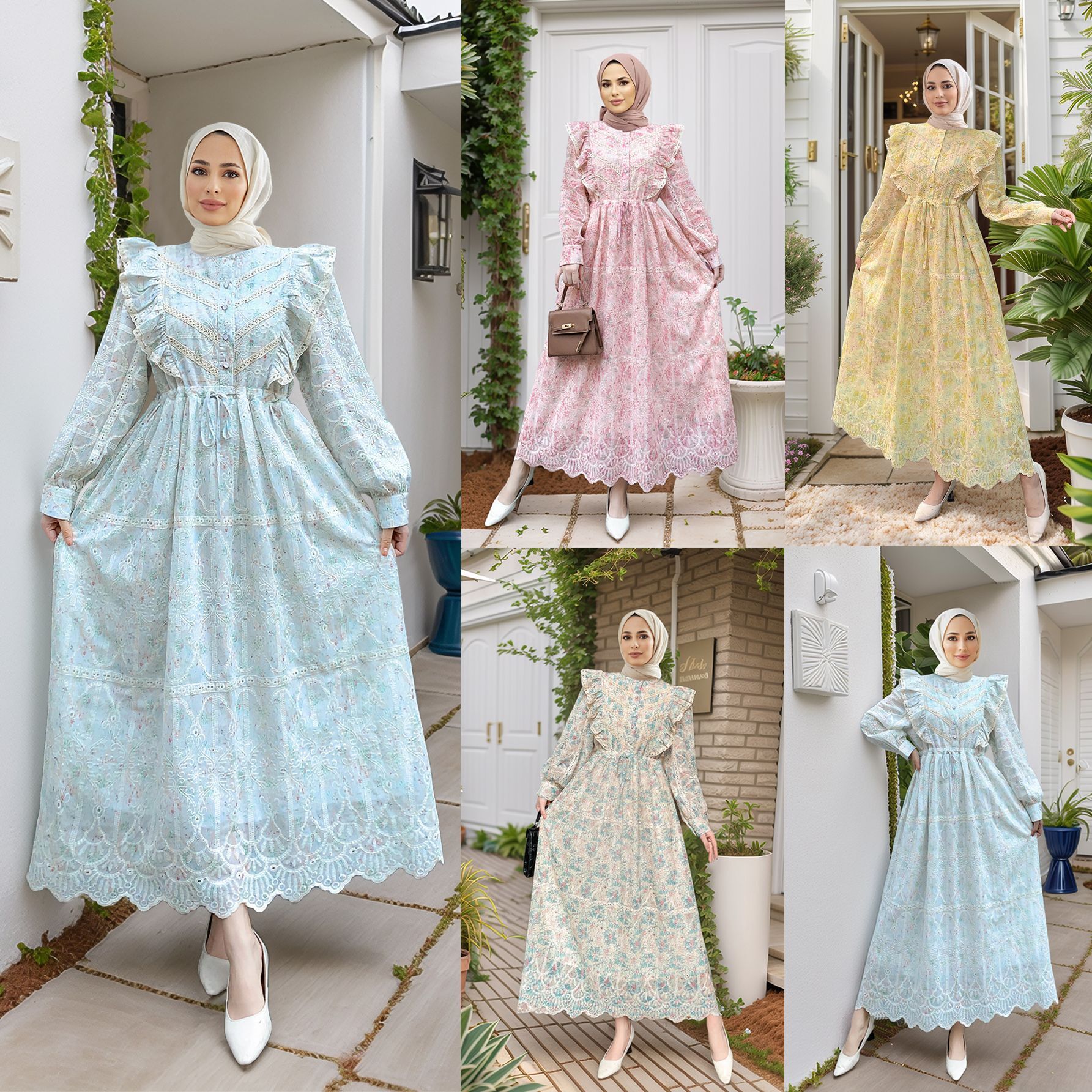 M Muslim New With Hollowed Out Embroidery And Ruffle Edge Patchwork Lace Floral Dress