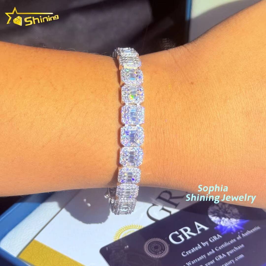 Unique Design 10mm Chain Iced Out baguette 925 Sterling Silver Hip Hop VVS Moissanite Cluster Tennis Cuban Link Chain Bracelet