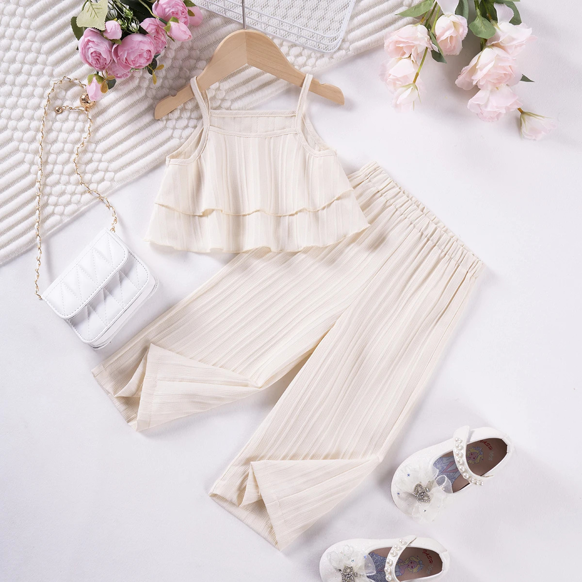 Girls Solid Color Suspenders Summer Suspenders Ruffles Wide Leg Pants 2 Pieces Dress Set White Cute Elegant Baby Clothes 250407