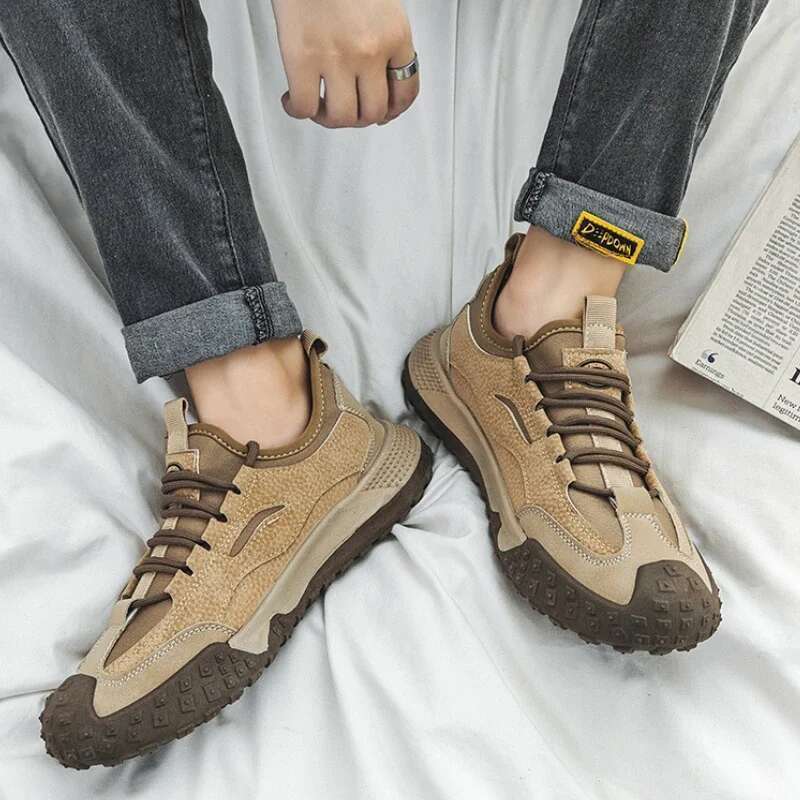 Outdoor Hiking Anti-slip Platform Men Sneakers Retro Leather Jogging Fashion Wear-resistant Trekking Shoes Male