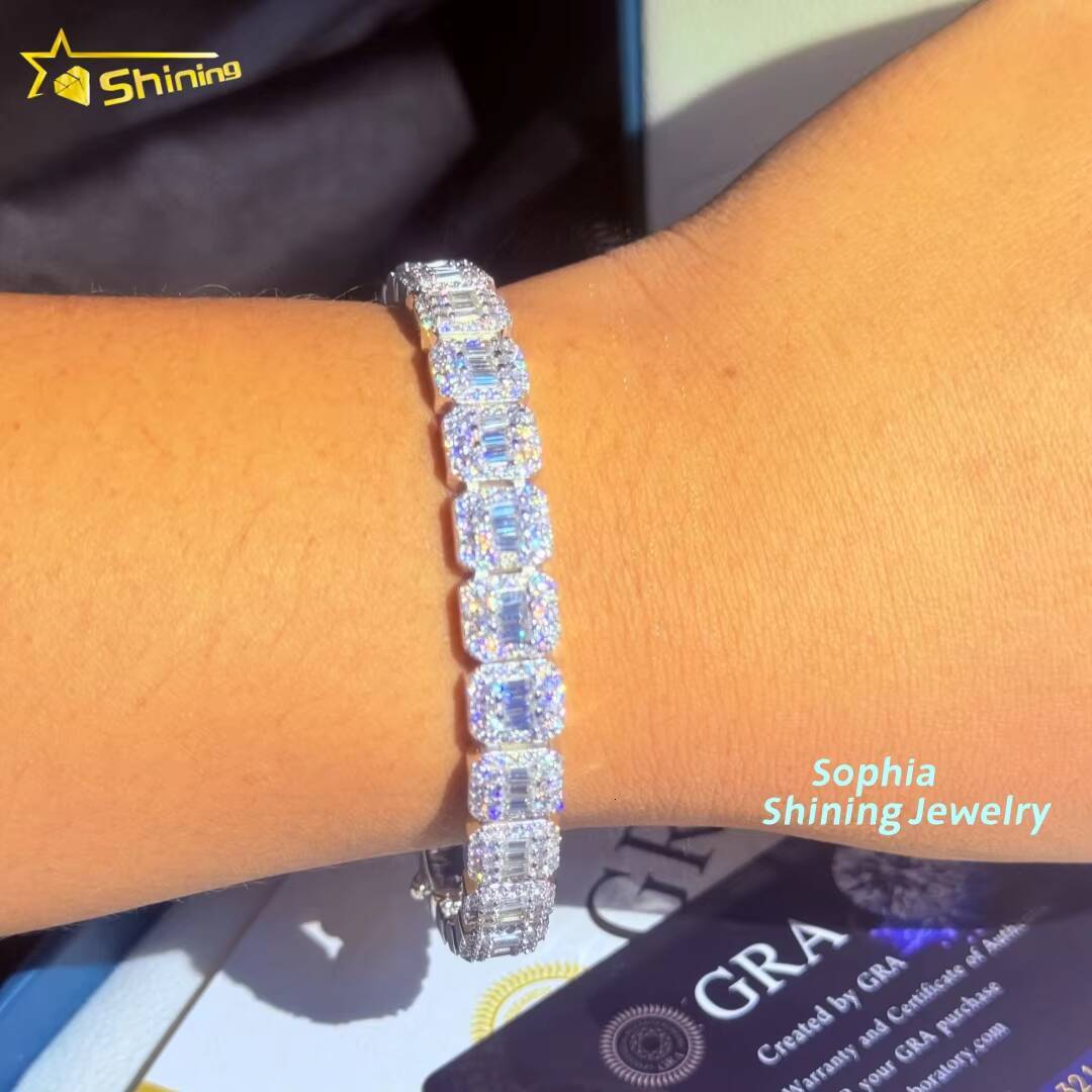 Unique Design 10mm Chain Iced Out baguette 925 Sterling Silver Hip Hop VVS Moissanite Cluster Tennis Cuban Link Chain Bracelet