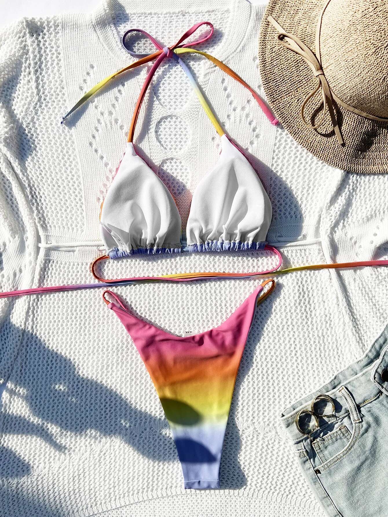 Dongdumaoyi Sexy Pink Gradient Bikini Set Mujer Women Colorful Push Up Bandage Criss Corss Micro Swimsuit Bathing Suit Thong Swimwear