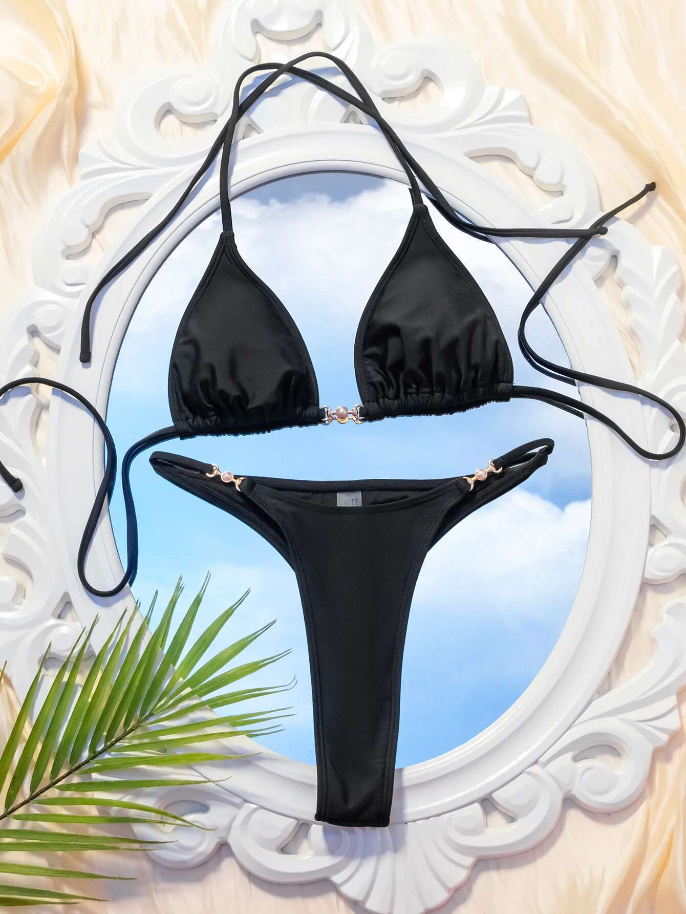 Dongdumaoyi Sexy Thong Panties Bikini Women Black Pearls Push Up Bra Micro Swimsuit Trend Brazilian Beach Bathing Suit Swimwear Biquini