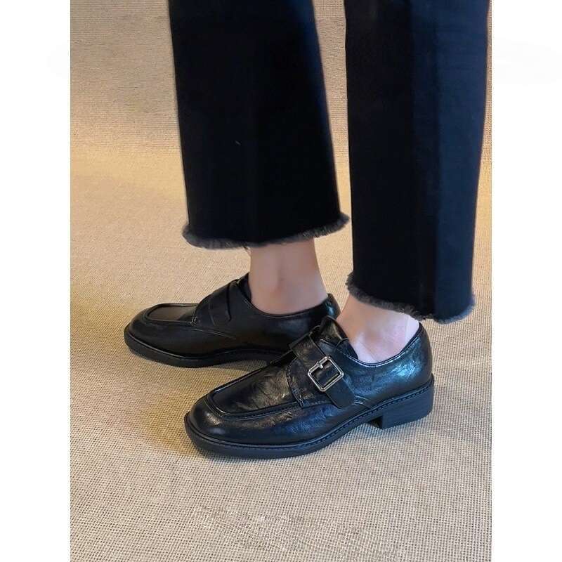 Square Toe Belt Buckle Small Leather For Women 2025 Thick Heel Free shipping College Style Loafers Lazy Versatile Single Shoes
