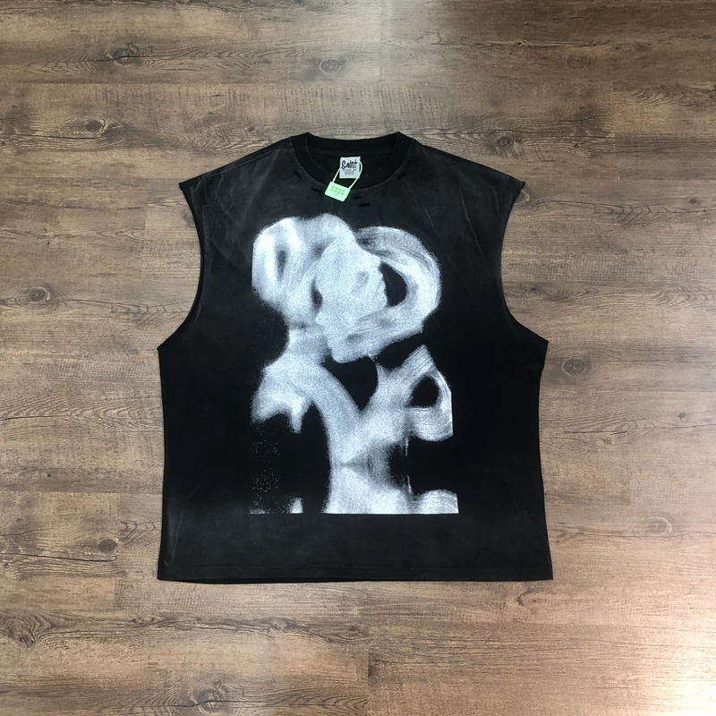 Frog Drift Love Pressure Quality Retro Clothing 100% Cotton Hole Printed Top Loose Mens Oversized Tank Top 250403