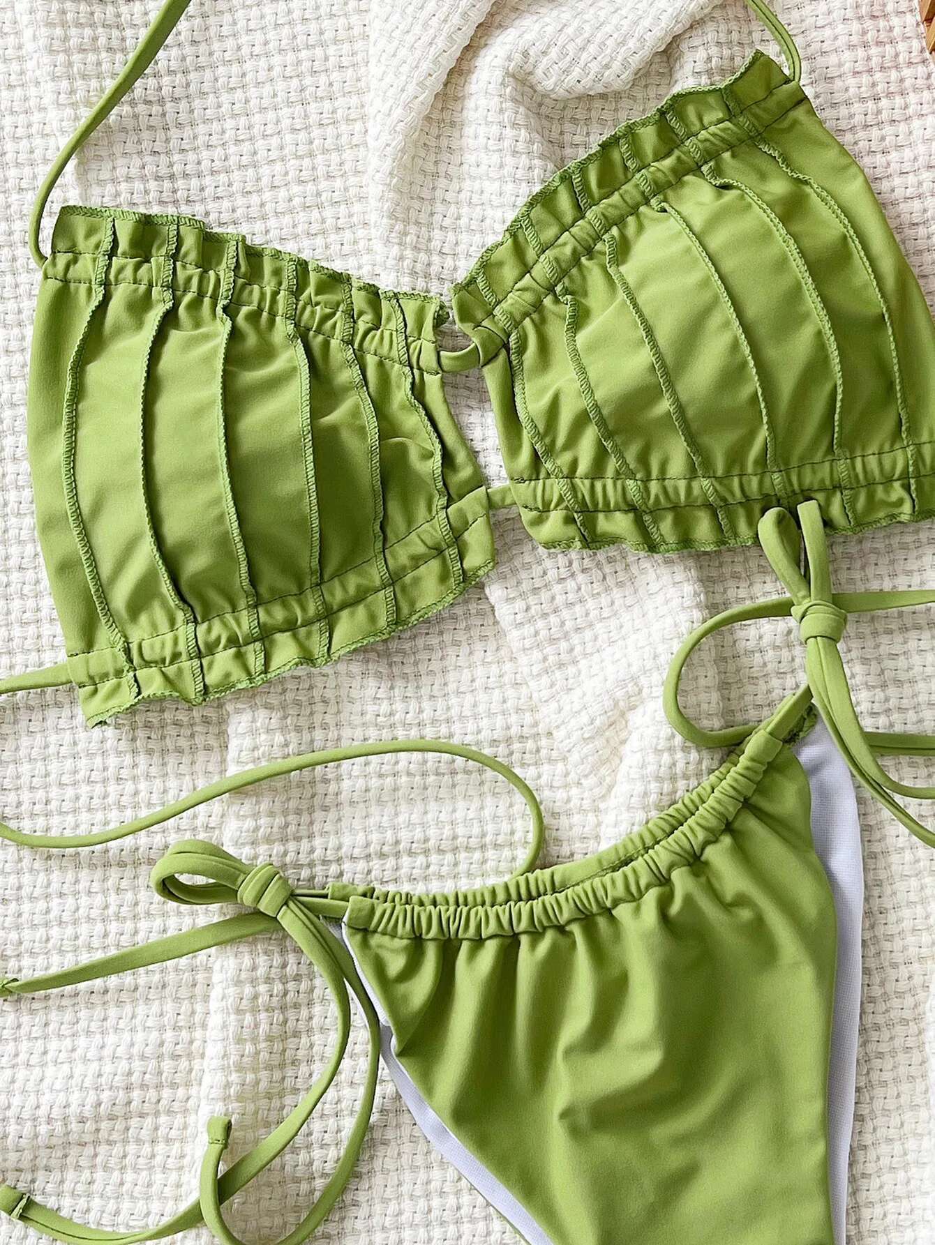 Dongdumaoyi Sexy Pleate Bikini Mujer Women Halter Push Up Hollow Out Bra Micro Swimsuit Beach Bathing Suit Tie Side Thong Swimwear
