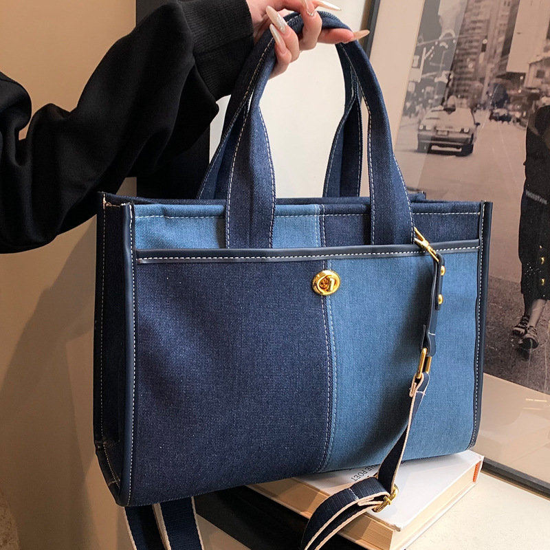 2025S Designer Women S Bag Denim Handheld Women S New Fashionable Color Contrast Splicing Single Shoulder Crossbody Commuter Leisure Tote Bag