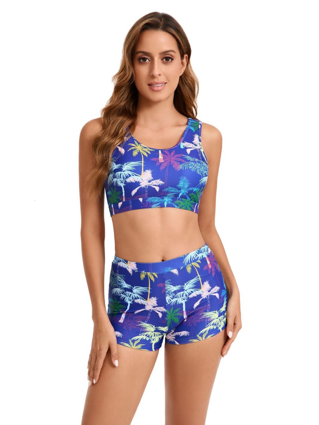Fashion sports new vest, flat corner shorts, digital printing, multi-color split tight swimsuit for women