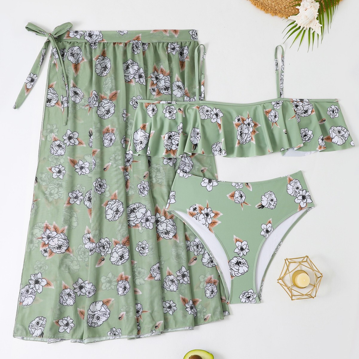 Fashionable large ruffle edge digital printed bra, high waisted triangle long pants, skirt, three piece set, plus size swimsuit