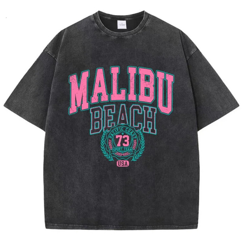 Malibu Beach Washed Tshirt Womens Letter Printed Cotton Comfortable Crewneck Top Casual Oversized Clothing 250407