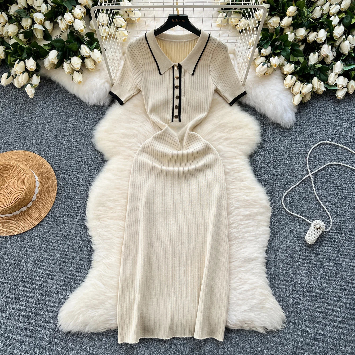 EFT Summer Womens Polo Knitted Dress Color Lock Elegant Short Sleeve Button Body Wrap Dress 250402