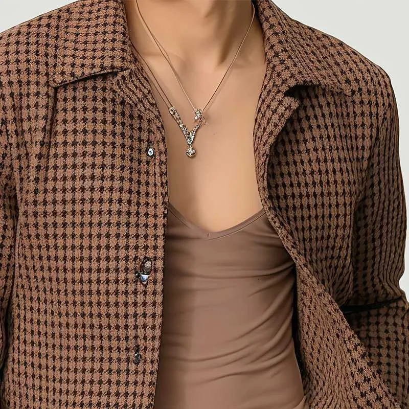 Mens Streetwear Plaid Jackets Solid Color Lapel Long Sleeve Loose Male Crop Coats Fashion Casual Retro French 250313